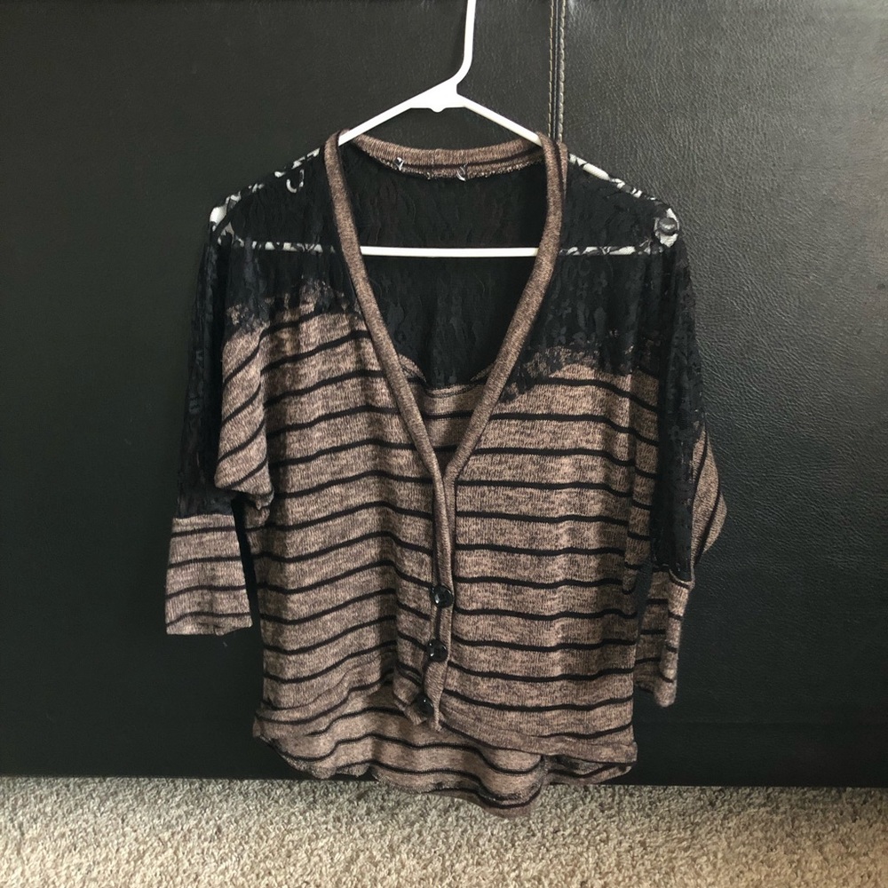 Brown and black striped cardigan with lace